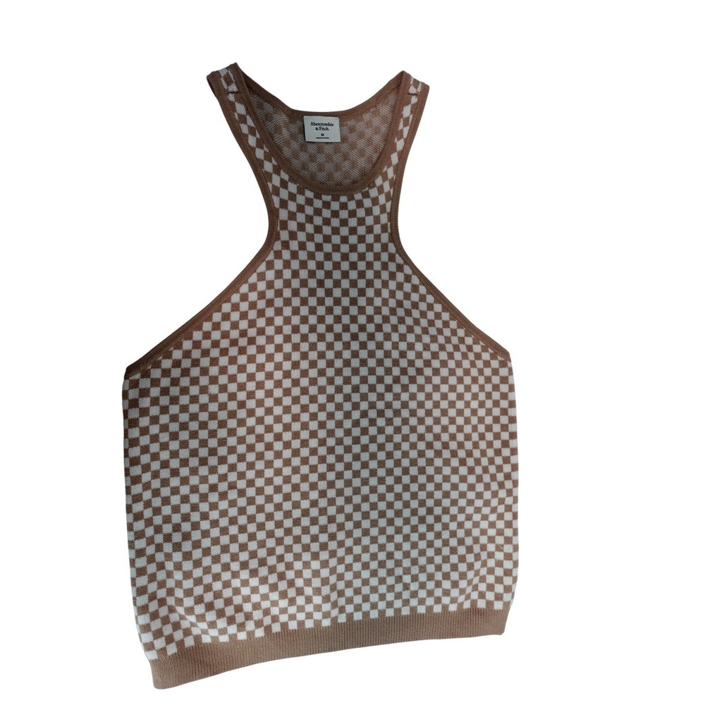Abercrombie & Fitch Sweater Vest Tank Womens M Beige Checkered Knit Scoop Neck